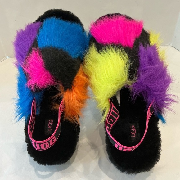 UGG Faux Fur Multicolor Fluffy Sling Slippers Size 9 - Picture 3 of 9